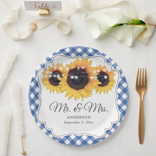 Blue Gingham Sunflower Mr and Mrs Wedding Paper Plates (Wedding)