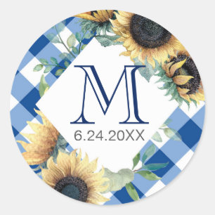 Blue Gingham Sunflower Thank You Classic Round Sticker