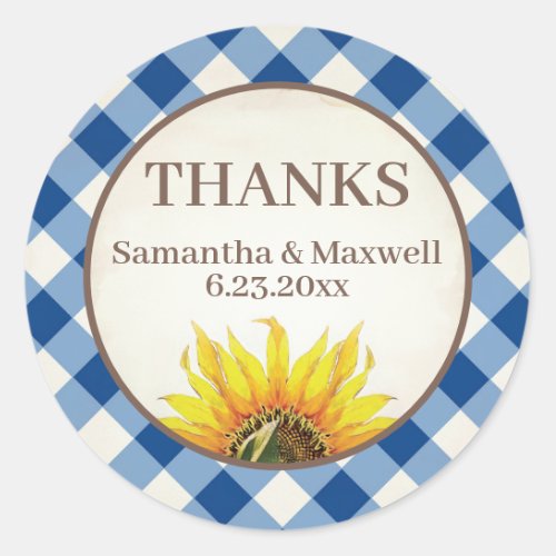 Blue Gingham Sunflower Thank You Classic Round Sticker