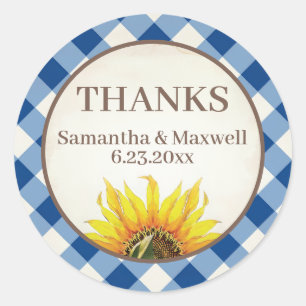 Blue Gingham Sunflower Thank You Classic Round Sticker