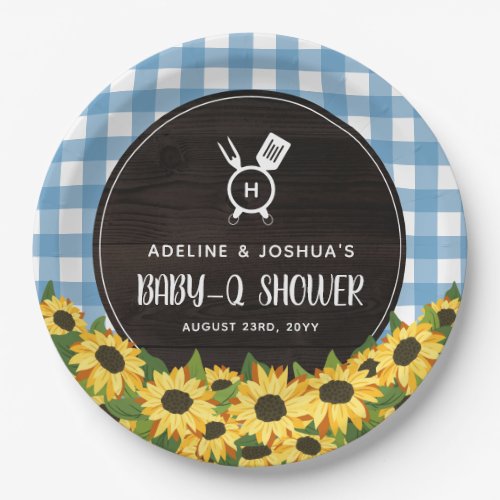 Blue Gingham  Sunflowers Rustic Baby_Q Shower Paper Plates