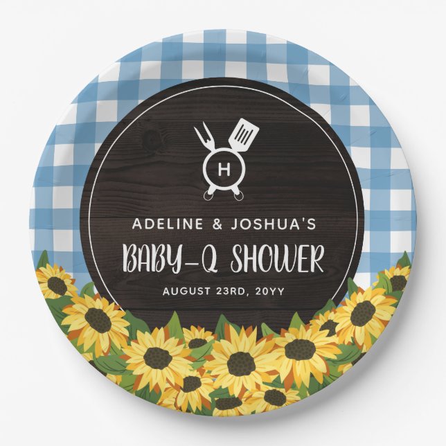 Blue Gingham & Sunflowers Rustic Baby-Q Shower Paper Plates (Front)