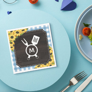 Blue Gingham & Sunflowers Rustic Monogrammed BBQ Napkins