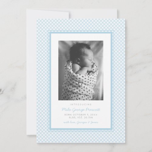 Blue gingham sweet simple one photo birth announcement