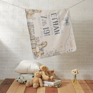 Blue Gingham Teddy Bear Baby Birth Stats Blanket