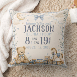 Blue Gingham Teddy Bear Baby Birth Stats Throw Pillow