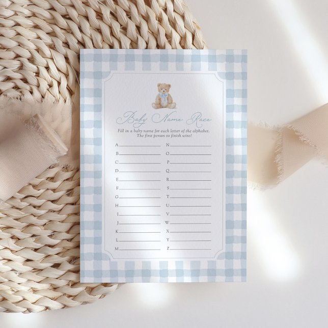 Blue Gingham Teddy Bear Baby Name Race Game Invitation (Creator Uploaded)