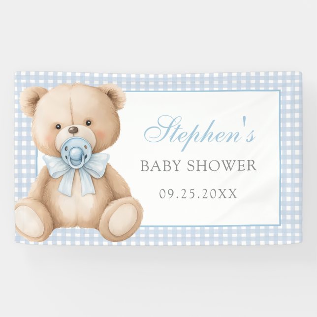 Blue Gingham Teddy Bear Baby Shower  Banner (Horizontal)