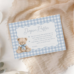 Blue Gingham Teddy Bear Baby Shower Diaper Raffle Enclosure Card
