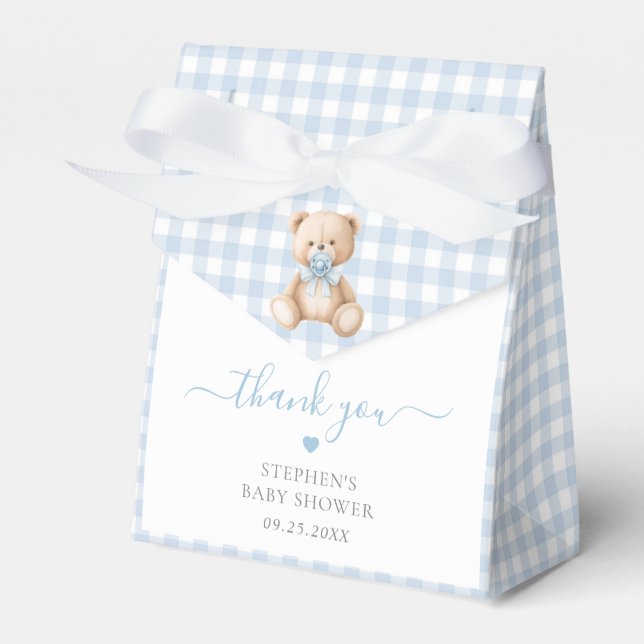 Blue Gingham Teddy Bear Baby Shower  Favor Boxes (Front Side)