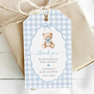 Blue Gingham Teddy Bear Baby Shower  Gift Tags