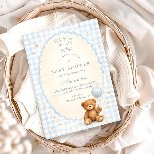 Blue Gingham Teddy Bear Baby Shower Invitation (Creator Uploaded)