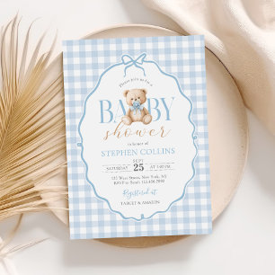 Blue Gingham Teddy Bear Baby Shower Invitation