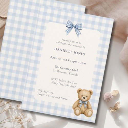 Blue Gingham Teddy Bear Baby Shower Invitation