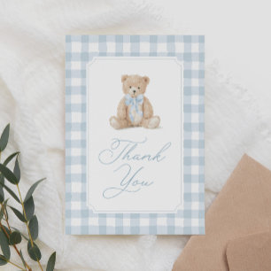 Blue Gingham Teddy Bear Baby Shower Letterpress Thank You Card