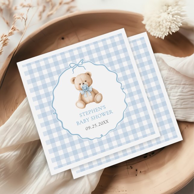 Blue Gingham Teddy Bear Baby Shower  Napkins (Creator Uploaded)