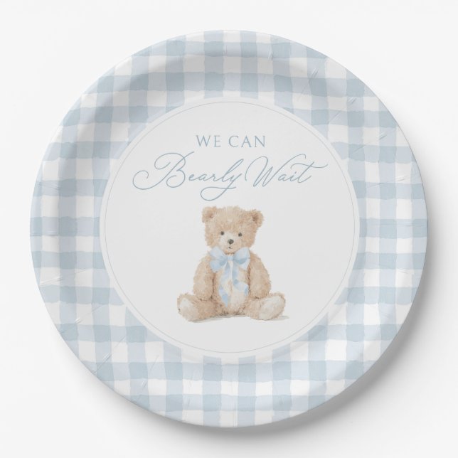 Blue Gingham Teddy Bear Baby Shower Paper Plates (Front)