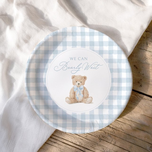 Blue Gingham Teddy Bear Baby Shower Paper Plates (Creator Uploaded)