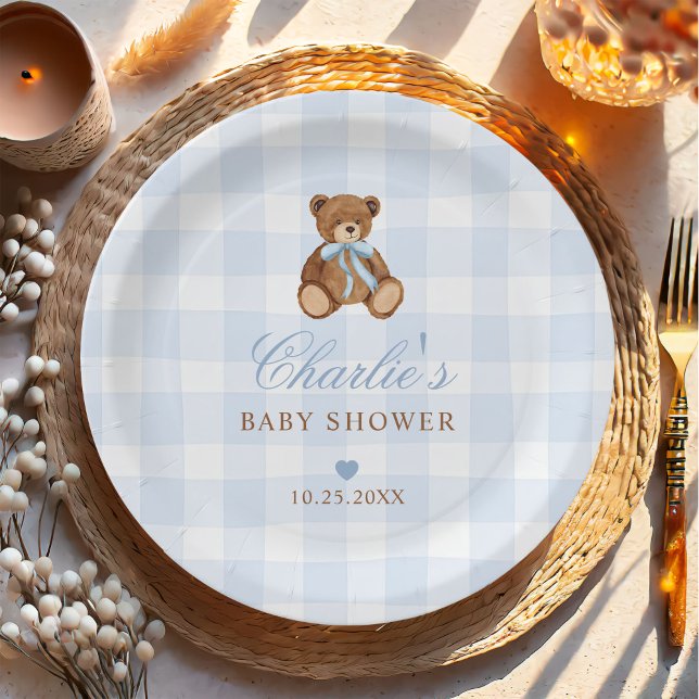 Blue Gingham Teddy Bear Baby Shower Paper Plates (Creator Uploaded)