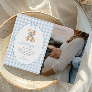 Blue Gingham Teddy Bear Baby Shower Photo Thank You Card