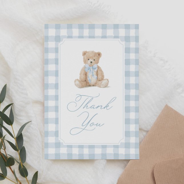 Blue Gingham Teddy Bear Baby Shower Thank You Card (Creator Uploaded)