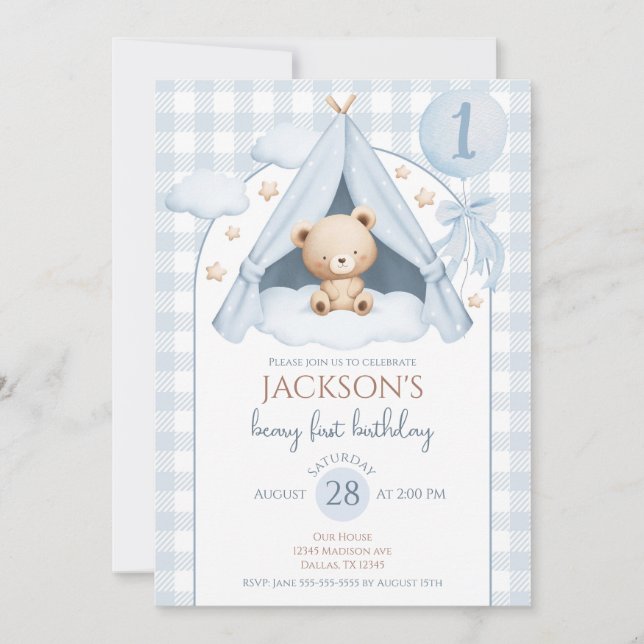 Blue Gingham Teddy Bear Balloon Boy 1st Birthday Invitation (Front)