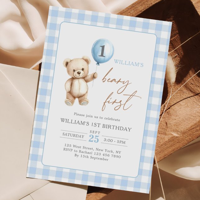 Blue Gingham Teddy Bear Balloon Boy 1st Birthday Invitation (Creator Uploaded)