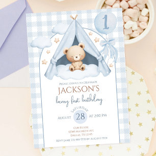 Blue Gingham Teddy Bear Balloon Boy 1st Birthday Invitation