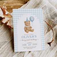 Blue Gingham Teddy Bear Balloon Boy 1st Birthday