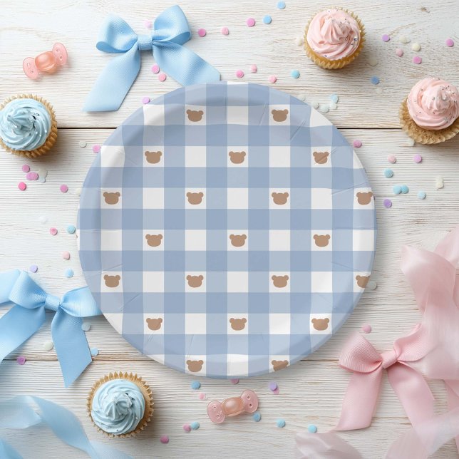 Blue Gingham Teddy Bear- Bearly Wait Baby Boy Show Paper Plates (Creator Uploaded)