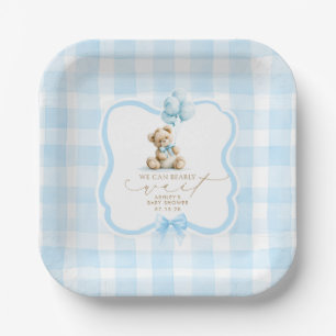 Blue Gingham Teddy Bear Boy Baby Shower Paper Plates