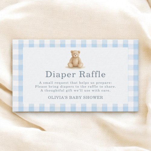Blue Gingham Teddy Bear Diaper Raffle Baby Shower Enclosure Card