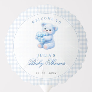 Blue Gingham Teddy Bear Neutral Baby Shower Balloon