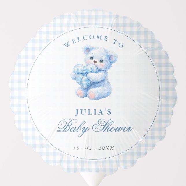 Blue Gingham Teddy Bear Neutral Baby Shower Balloon (Front)