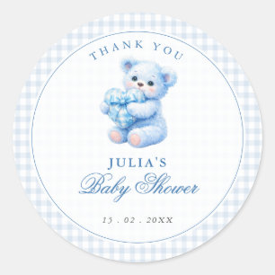 Blue Gingham Teddy Bear Neutral Baby Shower Classic Round Sticker