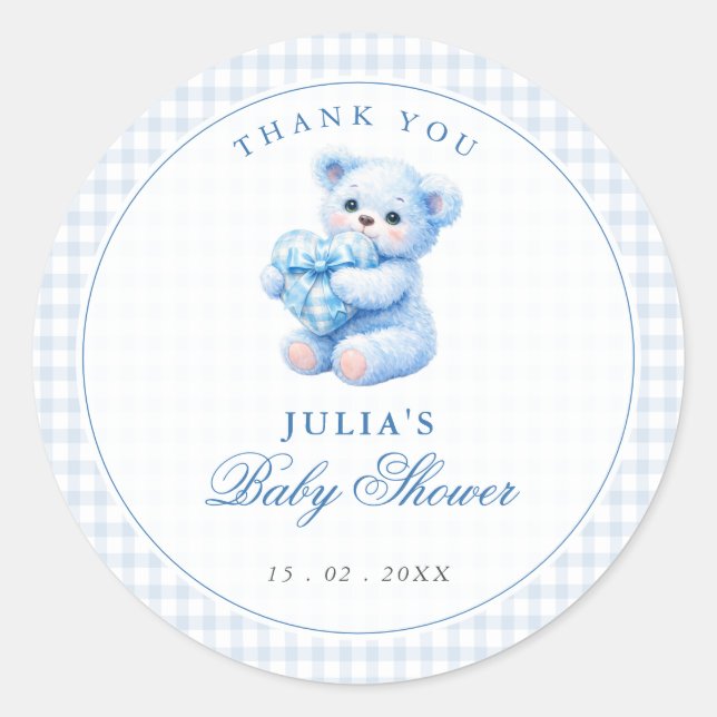 Blue Gingham Teddy Bear Neutral Baby Shower Classic Round Sticker (Front)