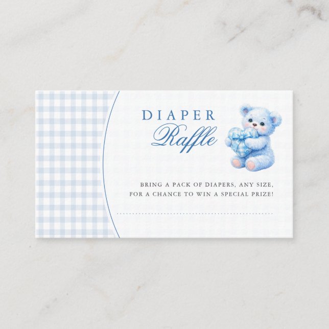 Blue Gingham Teddy Bear Neutral Baby Shower Enclosure Card (Front)