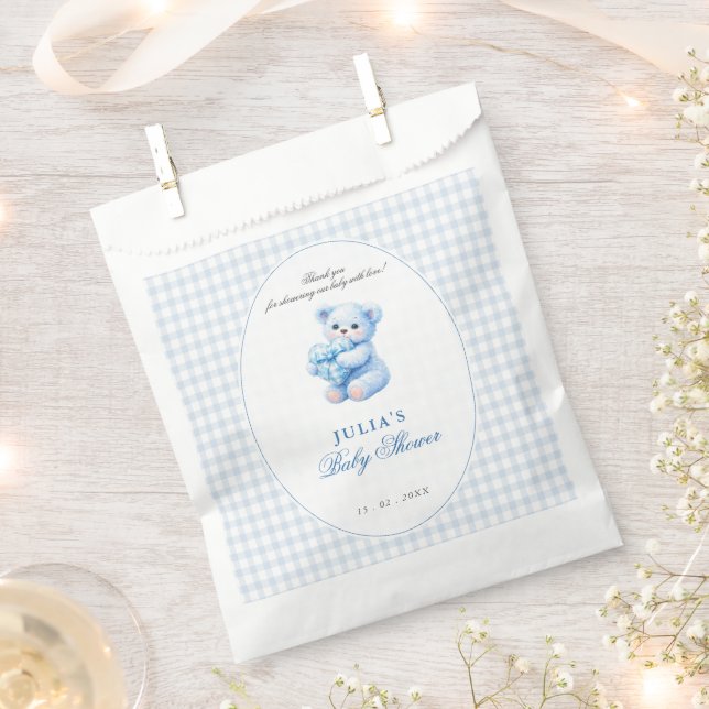 Blue Gingham Teddy Bear Neutral Baby Shower Favor Bag (Clipped)
