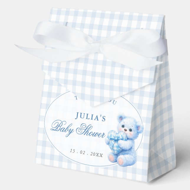 Blue Gingham Teddy Bear Neutral Baby Shower Favor Boxes (Front)