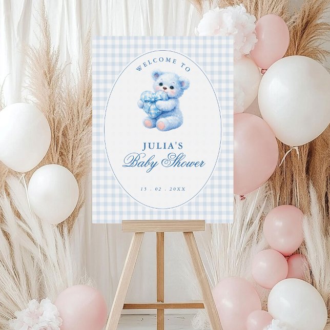Blue Gingham Teddy Bear Neutral Baby Shower Foam Board (Creator Uploaded)