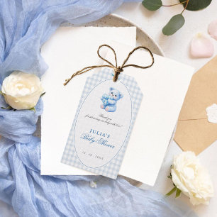 Blue Gingham Teddy Bear Neutral Baby Shower Gift Tags