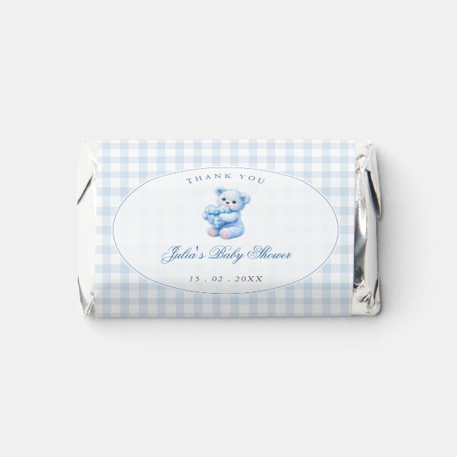 Blue Gingham Teddy Bear Neutral Baby Shower Hershey's Miniatures (Front)