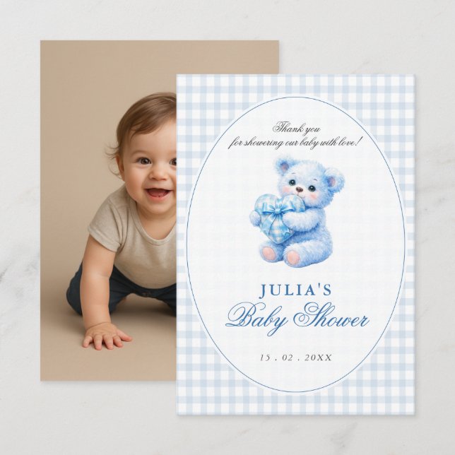 Blue Gingham Teddy Bear Neutral Baby Shower Invitation (Front/Back)