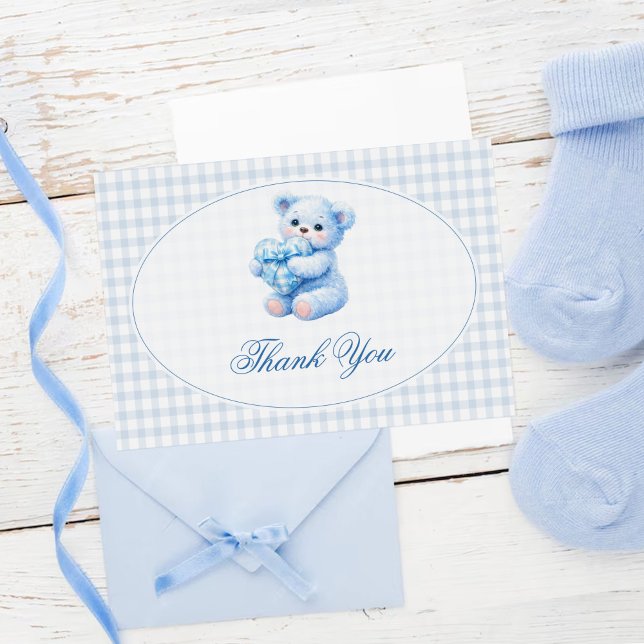 Blue Gingham Teddy Bear Neutral Baby Shower Invitation (Creator Uploaded)