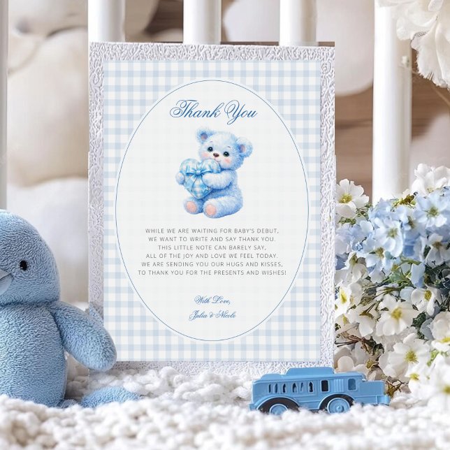 Blue Gingham Teddy Bear Neutral Baby Shower Invitation (Creator Uploaded)