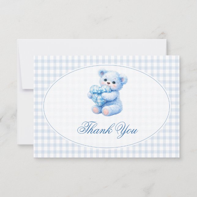 Blue Gingham Teddy Bear Neutral Baby Shower Invitation (Front)