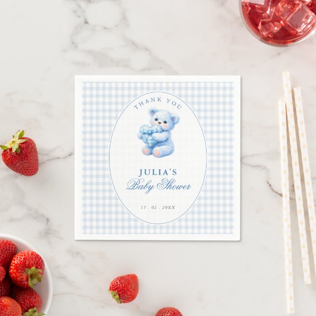 Blue Gingham Teddy Bear Neutral Baby Shower Napkins (Insitu)