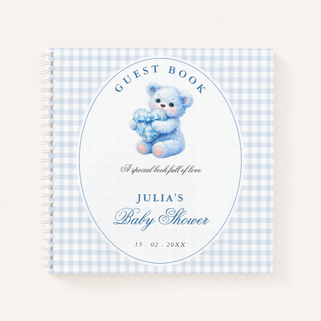 Blue Gingham Teddy Bear Neutral Baby Shower Notebook (Front)