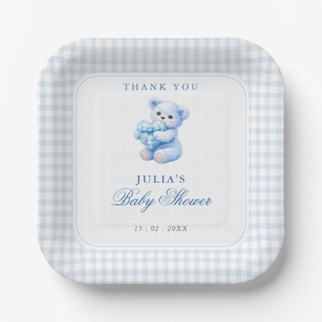 Blue Gingham Teddy Bear Neutral Baby Shower Paper Plates (Front)