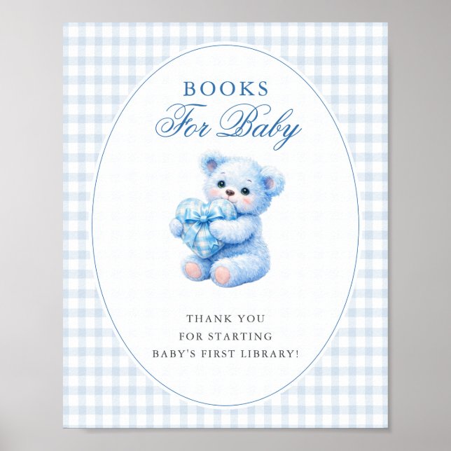 Blue Gingham Teddy Bear Neutral Baby Shower Poster (Front)